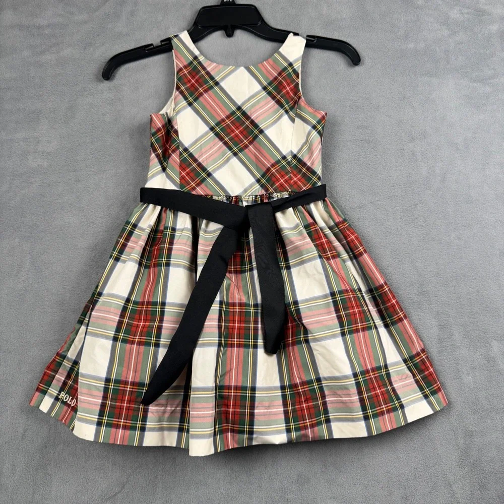 Polo Ralph‎ Lauren Girls Plaid Taffeta Holiday Dress Red Green Size 6 Sash Logo